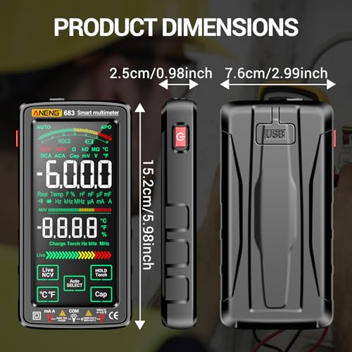 Image of Smart Multimeter, Smart Digital multimeter Tester with Touch Screen 6000 Counts Auto Ranging Rechargeable multimeter A Reverse Display NCV Tester with Flashlight for Electricians,DIY (Black)