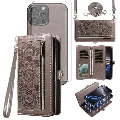 Coque iPhone 16 Pro Max Asuwish avec portefeuille zippé amovible et verre trempé