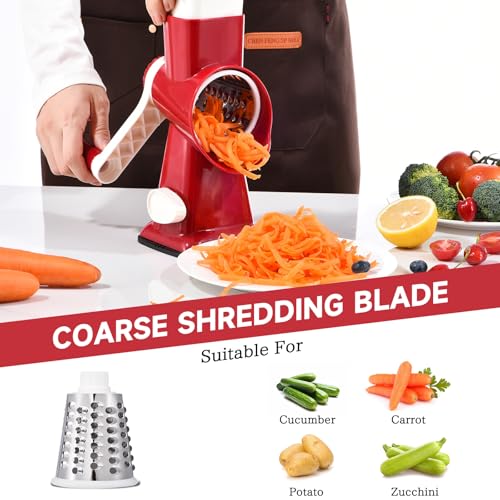 Image of Rotary Cheese Grater with Handle Kitchen Shredder Slicer Grater Slicer Ice Shaver Cheese Vegetable Nuts Potato Zucchini Chocolate 3 Interchangeable Blades (RedWhite)