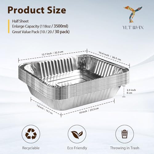Image of YLT WAX 9x13 Disposable Aluminum Foil Pans 10 Pack, Durable Half Size Deep Extra Heavy Duty Food Containers for Baking, Cooking, Roasting, Heating or Steam Table