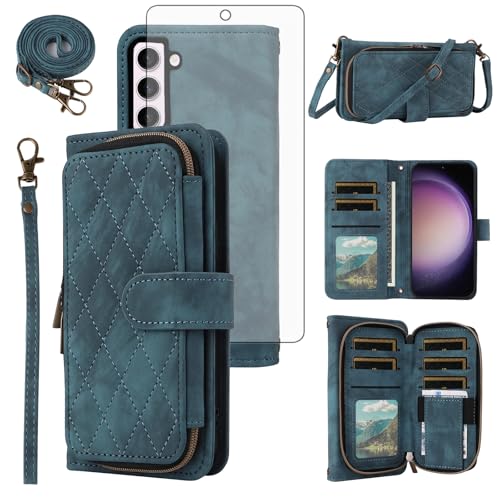 Housse portefeuille Samsung S23 5G en cuir bleu premium et protection d'écran