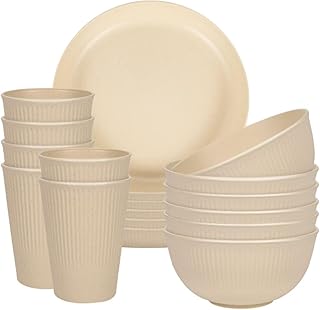 Sagiterra Camping Plates, Unbreakable Plates and Bowls for 6, 18-Piece Plastic Picnic Set for Home, Picnic, Lightweight, Microwave and Dishwasher Safe Camping Cutlery (Beige)