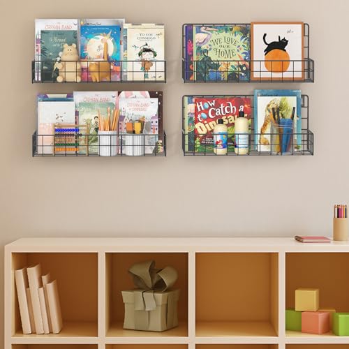Image of MFTEK Wall Mounted Metal Kids Bookshelf - Wall Book Shelf for Kids Rooms, Hanging Book Shelves Organizer for Room Decor, Nursery Classroom Home Floating Bookshelves Gloss Black 4 Pack