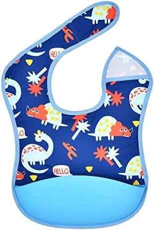 GAJIGAJI Waterproof Baby Bib with Silicone Food Catcher Pocket, Adjustable Feeding Bib Fit for 6-24 Month Toddlers (Dinosaur Navy)