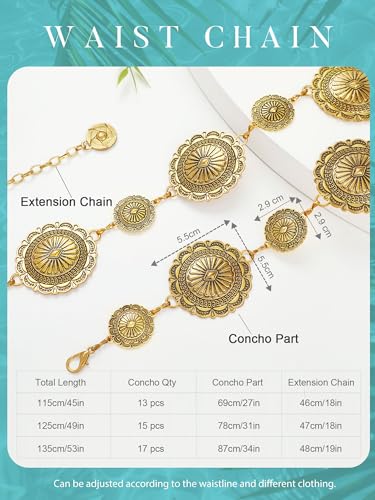 Image of FIORETTO Western Waist Chain Belt Metal Concho Belt for Women Cowgirl Cowboy Boho Country Belt for Dress Jean