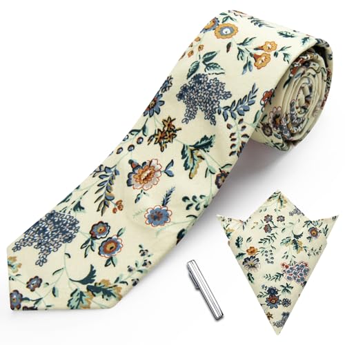 Image of YourTies Cotton Floral Tie for Men 2.5 inch Printed Skinny Necktie Pocket Square Tie Clip Set Flower Wedding Party Groom