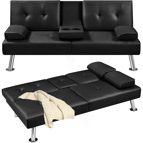 Futon Sofa Bed,Leather Folding Daybed Futon Couch,Adjustable Sofa Couch for Living Room,Convertible Recliner Loveseat w/Removable Armrests,2 Cupholders,Black