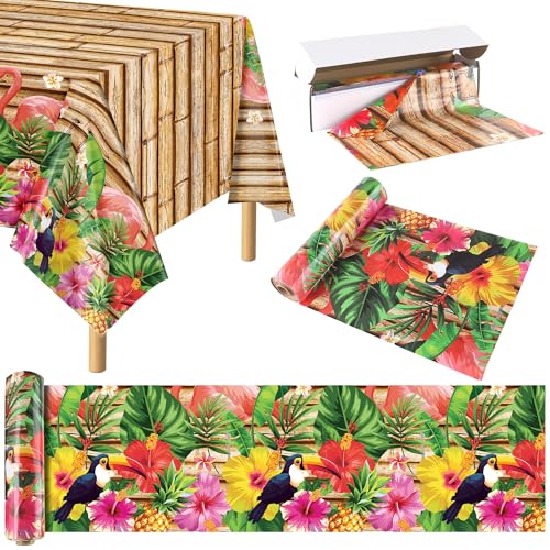 Image of Kochorie 100 Ft X 54 Inch Hawaiian Luau Party Tablecloth Roll with Cutter Box, Disposable Plastic Hawaii Tiki Totem Table Cover, Aloha Tropical Floral Table Decorations for Summer Beach Pool Birthday