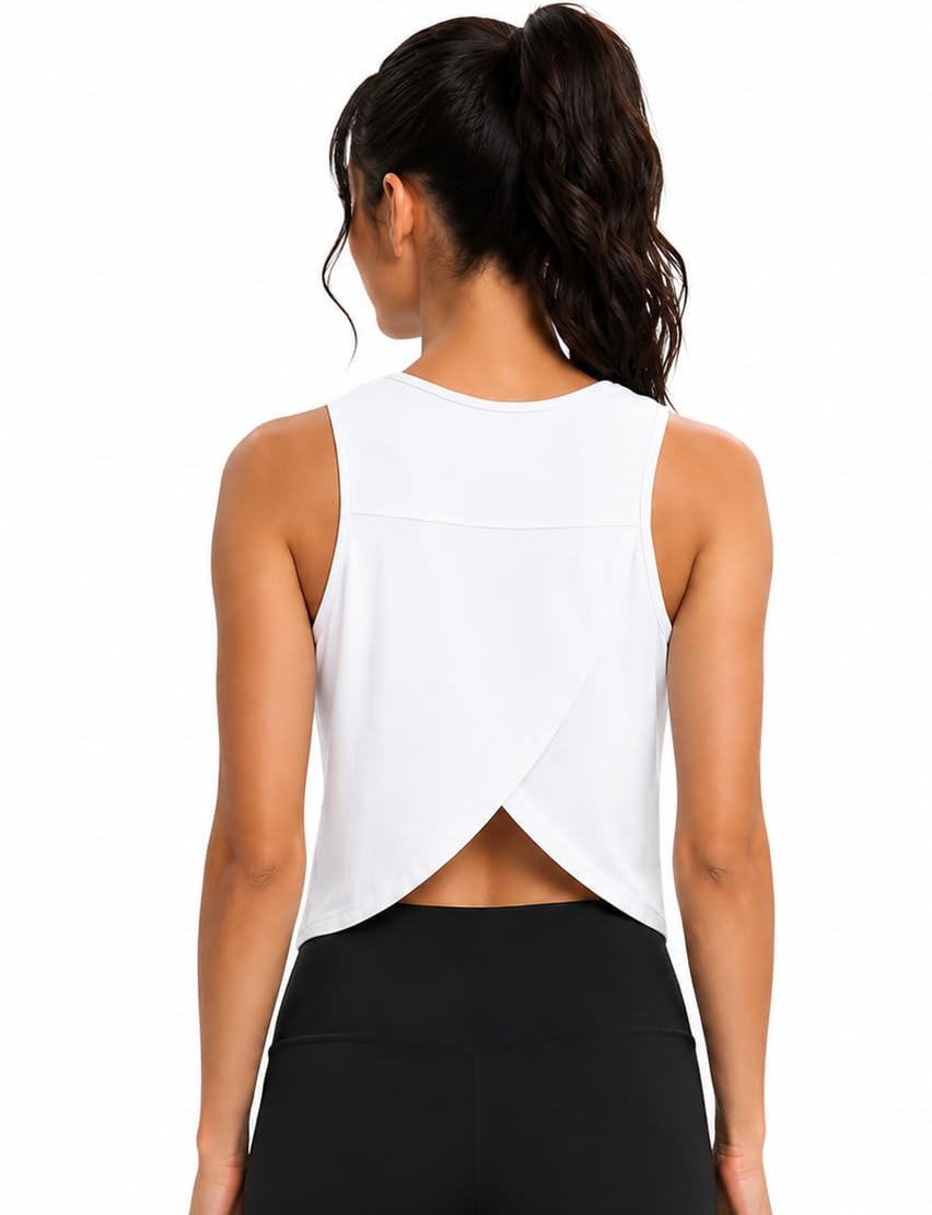 Workout Tops for Women Cropped Open Back Sleeveless Tank Tops Athletic Gym Yoga Shirts Loose Fit