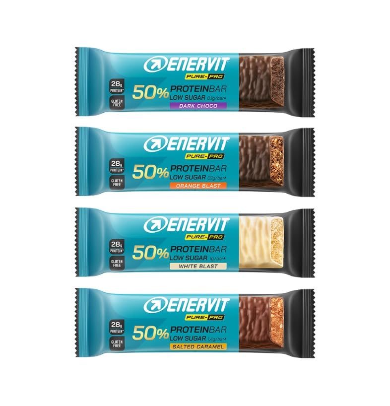Enervit Pure-PRO Protein Bar 50% Variety Kit da 20 barrette da 55gr assortite nei gusti: Dark Choco, Orange Blast, White Blast, Salted Caramel