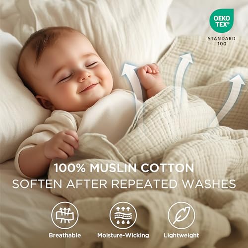 Bedsure 100% Cotton Muslin Throw Blanket Large 50x70 Inches - 4-Layer Breathable and Lightweight Thin Soft Summer Gauze Muslin Blankets for Adults, Linen Beige, Boho Cotton Throw for Couch