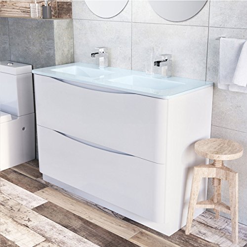 Eaton White Bathroom Furniture Floor Standing Vanity Unit Soft Close Drawers With White Glass Basin- 1200mm