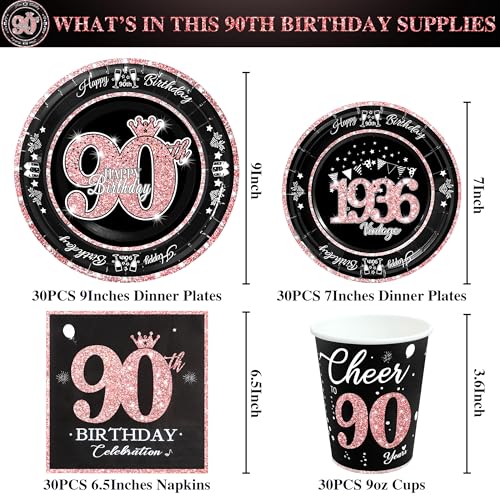 Image of 90th Birthday Decorations Rose Gold, Service for 30, Vintage 90th Birthday Party Supplies Includes Rose Gold 1936 Plates, Napkins,Cups, Plates and Napkins for Women