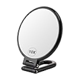 BOOMIBOO 1X/10X Magnifying Handheld Mirror Double Sided, Foldable Travel Makeup Mirror, Adjustable Rotation Pedestal Hand/Hanging/Desk Vanity Mirror-Black