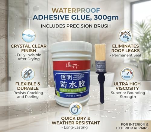Image of Transparent Waterproof Glue 300g with Brush, Waterproof Glue for Roof Leakage Crack Seal Water Leakage Agent, Roof Waterproofing Coating Sealant Protection Outdoor Bathroom Wall Tile Window