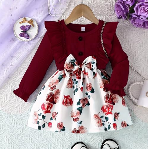 Image of Buy & Try Berry Lycra Girls Printed Frock, Full Sleeve, Soft Stretchable Fabric, Comfortable Party & Casual Wear Dress for Kids