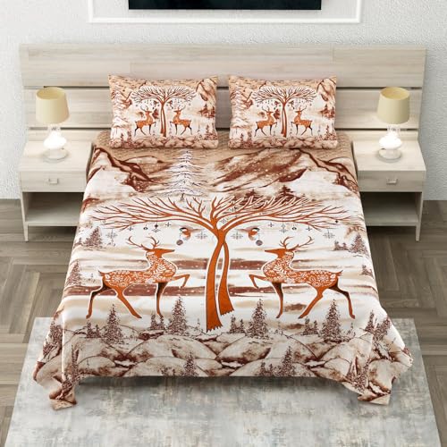 Image of 240 TC 100% Cotton Bedsheet for Double Bed King Size with 2 Pillow Covers | Breathable & Super Soft Rajasthani Sanganeri Jaipuri Printed Bed Sheet -108 * 108 Inches (Dual Deer 1)