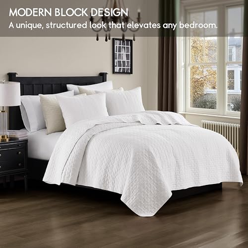 Image of palassio White 100% Cotton Quilt Queen Size Bedding Sets with 2 Pillow Shams, Textured Lightweight Soft Bedspread Shabby Chic Coverlet, Quilted Comforter Bed Cover for All Season, 3 Pieces