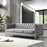 Velvet 3 Seater Sofa Couch, Comfy Couches for Living Room, Modern Sofa with Tufted Back and Rivet Decoration, Upholstered Long Couch with Solid Golden Metal Tapered Legs, Grey