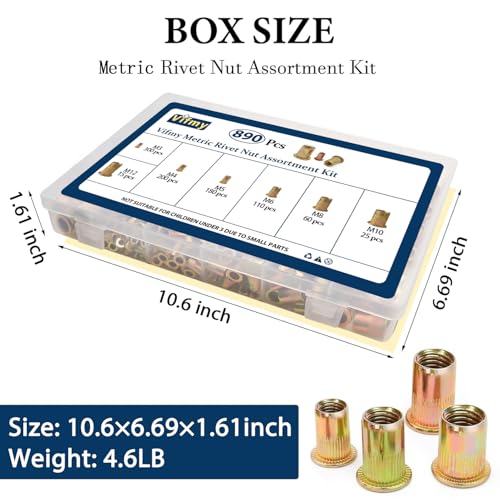 Image of Metric Rivet Nut Assortment Kit(890 Pcs), M3 M4 M5 M6 M8 M10 M12 Flat Head Rivnut Set, Zinc Plated Finish Carbon Steel Nutsert