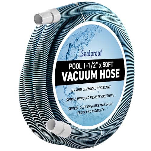Swimming Pool Vacuum Hose 1-1/2' x 50-Ft, Swivel Cuff Kinkproof Design, Made in USA, Connects to Vacuum Head, Skimmer, Filter Pump for Cleaning In Ground and Above Ground Pools
