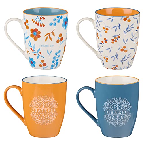 Christian Art Gifts Floral Ceramic Coffee And Tea Mug Set: In All Things Give Thanks: Thankful, Grateful, Blessed Novelty Mug Set With Scripture - Set Of Four 12 Oz. Cups, Blue/Orange/White Floral #TOP1