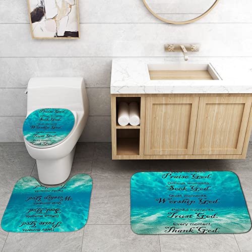 OLEBETY 4PCS Teal Blue Ocean Shower Curtain Set, Positive Motivational Inspirational Quotes Nautical Coastal Hawaii Beach Bathroom Decor, Waterproof Fabric Shower Curtain, Non-slip Bath Mat Toilet Rug - Image 5
