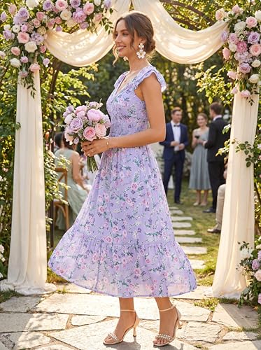 Image of GRACE KARIN Women's Summer Floral Maxi Dress 2026 Ruffle Sleeve Smocked Sundress Flowy Wedding Guest Long Dresses with Pocket