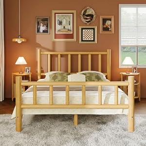 Farmhouse Log Bed Frame Queen Rustic Style Pure Solid Pine Cylinder Construction Bed Fits Mattresses and Box Springs, Natural Finish Farmhouse Log Bed Frame Queen Rustic Style Pure Solid Pine Cylinder Construction Bed Fits Mattresses and Box Springs Natural Finish