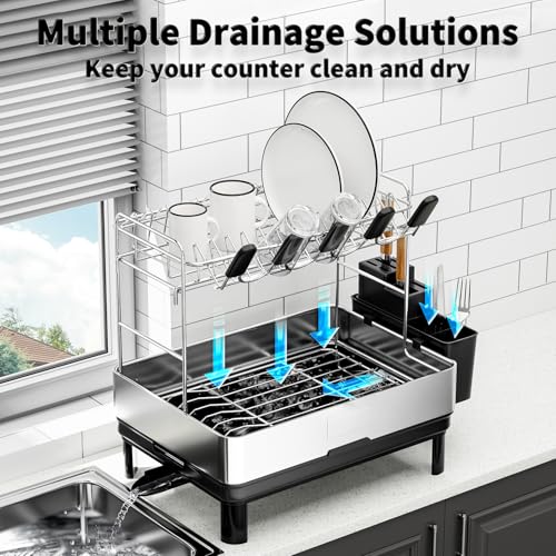 Image of Ewaiira Dish Drying Rack, 2 Tier Large Dish Rack, Stainless Steel Dish Drainer for Kitchen Counter, Dishes Rack with Automatic Drainage, Utensil Holder,Cups Holder,Space Saving Kitchen Organizer,Black