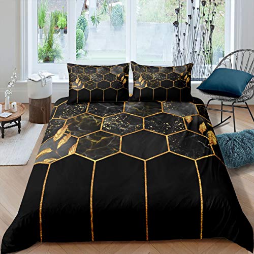 Marble Duvet Cover King, Black Grey Geometric Gold Plaid Bedding Set, Modern Luxury Diamond Comforter Cover With Metallic Stripe Printed Beehive Hexagon Grid Quilt Cover With Pillow Shams,Honeycomb #TOP30