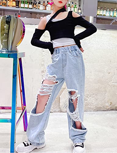 SEAUR Girls Baggy Straight Wide Leg Ripped Jeans Kids Fashion Elastic High Waist Denim Pants3