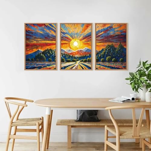 Impression chambre décoration maison grand format triptyque forêt et soleil abstrait - 2