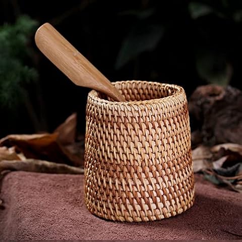 amololo Handmade Rattan Pencil Holder, Cone Makeup Brush Holder, Table Décor Organizer Cups for Stationery, Cosmetic Brushes, Flower Vase, Brown, 7 Inch Cover