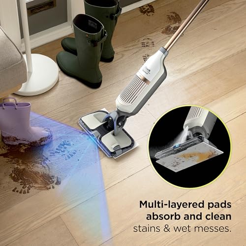Image of Shark VACMOP Reveal Cordless Hard Floor Cleaner, Vacuum & Spray Mop, Powerful Suction, Lightweight, Illumination Light, 4 Disposable Pads, 12oz Pet Multi-Surface Cleaning Solution, Ivory, VM401IV