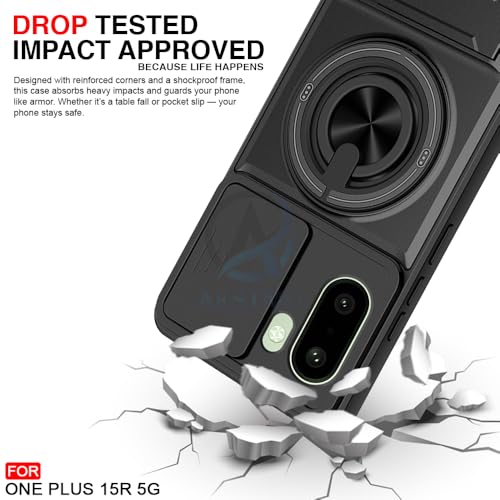Image of AESTMO OnePlus 15R 5G Back Cover | Armor Camera Slider 360 Degree Rotating Finger Ring Holder Case with Bracket Stand Back Case Cover for OnePlus 15R 5G (Compatible with MagSafe Accessories) (Black)