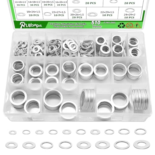 Ruibapa 510PCS Oil Drain Plug Crush Washer Kit 18 Sizes Aluminum Oil Drain Plug Gasket Assortment M6 M8 M10 M12 M14 M16 M18 M20 M22 M24 Crush Washer Oil Drain Plug