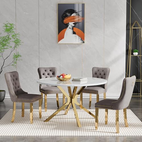 Image of 5-Piece Round Dining Table Set for 4, Luxury Faux Marble Kitchen Table Set for 4 with Grey Velvet Chairs, 45 inch Circle Dining Room Tables with White Marble Top and Gold Stainless Steel Cross Legs