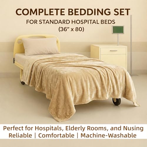 Image of Care Bed Sheets Set 4 Pcs - 36 inchx80 inch Fitted Sheet, Flat Sheet, Pillowcase & Blanket - Twin XL Hospital Style Sheets for Home or Adjustable Beds(Khaki)