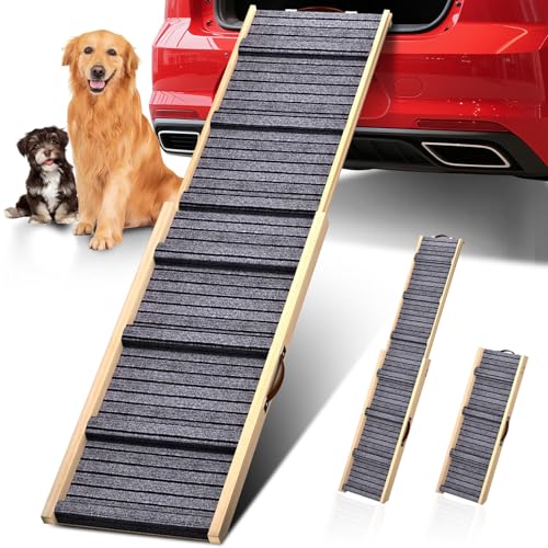 Dog Ramp for Car, 71''x 17'' Extra Long Deluxe Telescoping Design Wooden Pet Ramp, Pet Stair Ramps for Truck SUV with Non-Slip Surface, Portable Outdoor Dog Steps for Medium Large Dogs, Up to 250LBS