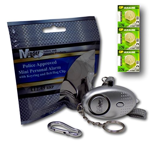 Minder Mini Key Ring Personal Attack Rape Alarm 140db with Flashlight + Spare Battery Set - Secured by Design Approved (UK Police Preferred Specification) (Silver)