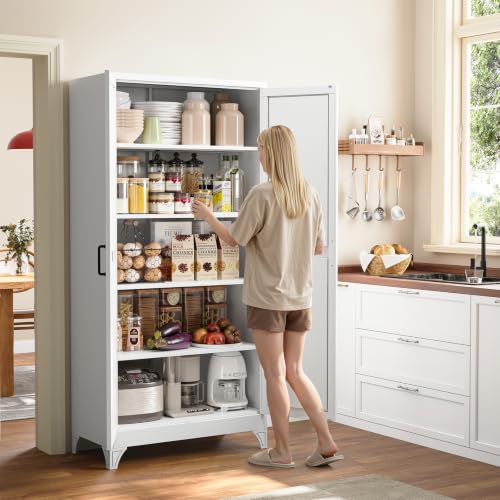 Image of Yizosh Metal Storage Cabinet with Doors and 4 Adjustable Shelves - 75 inch White Kitchen Pantry Storage,4-Tier Tall Steel Cabinet Locker for Kitchen,Living Room,Dining Room