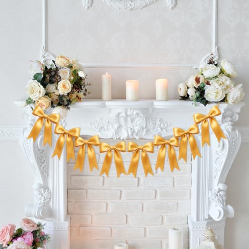 Image of 1 String of 8PCS Golden Bow Garland Banner Decoration,Pre-Strung Satin Ribbon Ornaments for Birthday,Bachelorette Party,Bridal Shower,Wedding,Engagement,Baby Shower,Graduation Decor,Anniversary