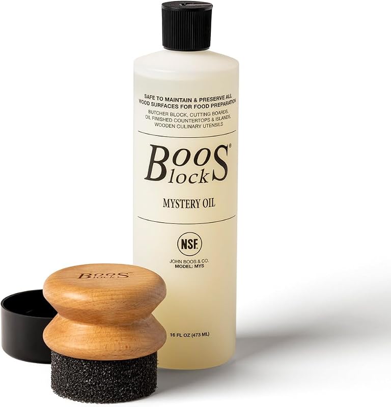 John Boos Conjunto com 2 Peças para Manutenção de Madeira com Óleo Mystery Oil 473 mL e Aplicador de Madeira