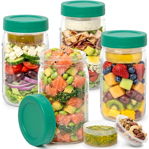 EDELHAUS 4 Pack Glass Salad Jars with Lids for Meal Prep, Leakproof Container with Two Small Built in Cups for Wet/Dry Separation for Salad Dressing and Ingredients, 32oz Mason Jars (Dark Green)