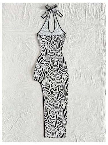 SOLY HUX Women's Zebra Striped Halter Maxi Dress Sleeveless Asymmetrical Split Bodycon Party Vacation Long Dresses2