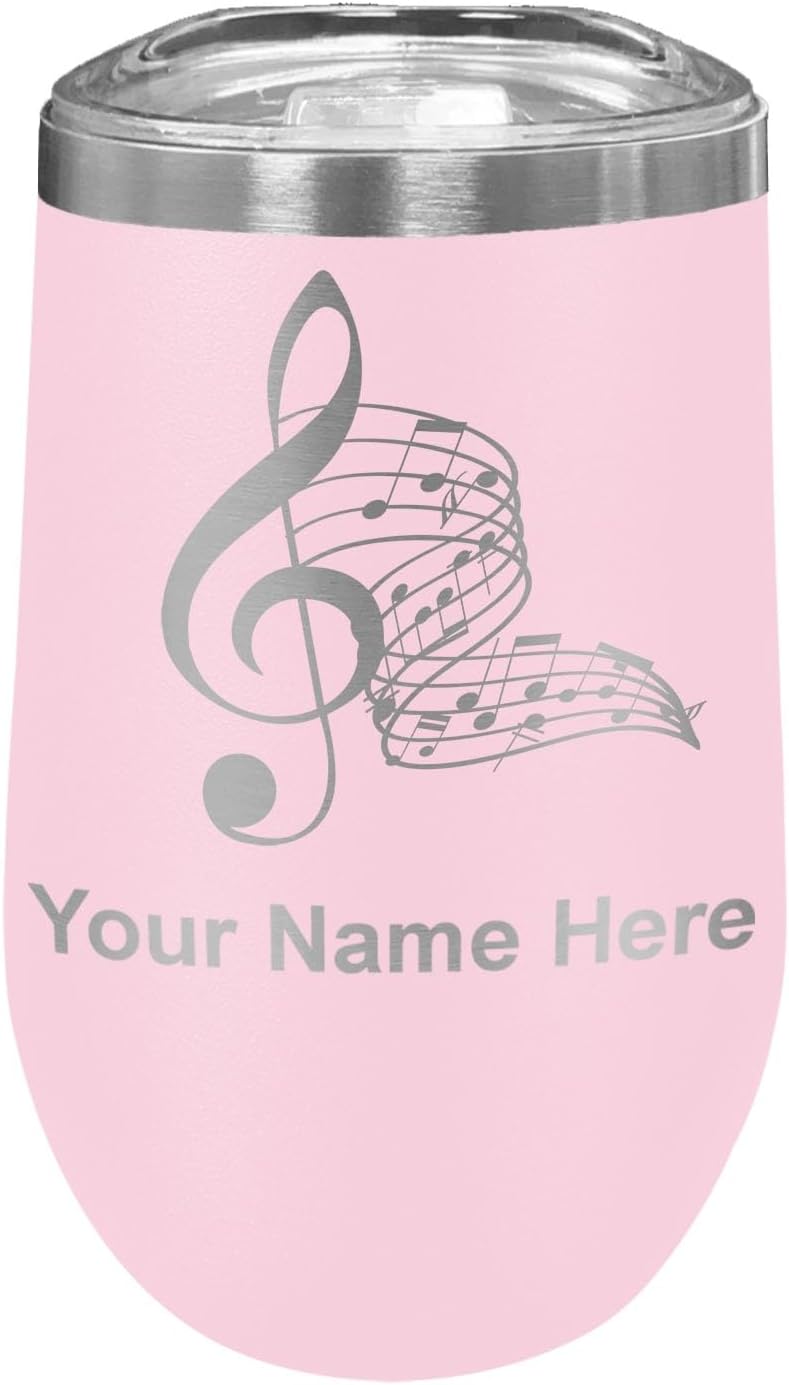 LaserGram 16oz Double Wall Stainless Steel Wine Glass Tumbler, Musical Notes, Personalized Engraving Included (Black)
