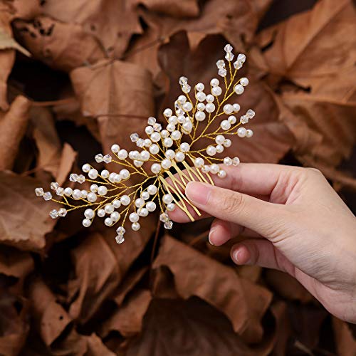 Heread Pearl Bride Wedding Hair Comb Gold Rhinestones Bridal Hair Piece Accessories for Women and Girls
