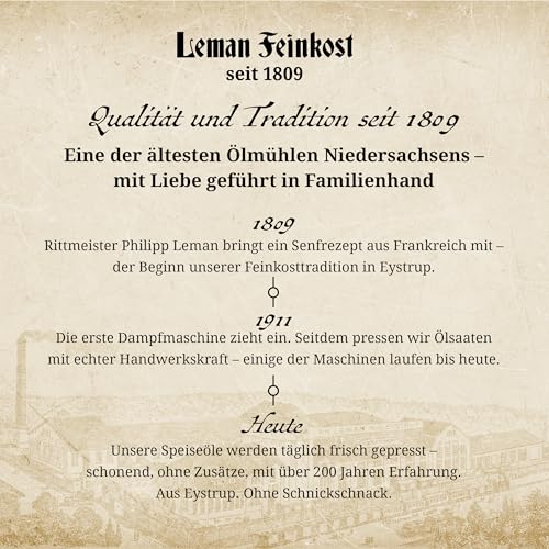 Leman Feinkost Schwarzkümmelöl 250ml – Mühlenfrisch kaltgepresstes Black Seed Oil aus Nigella Sativa – Gefiltert, hoher Thymochinongehalt & Omega 3-6-9 – Qualität seit 1809 vom Hersteller