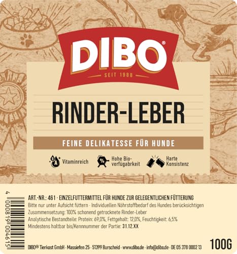 DIBO Rinderleber, 100g-Beutel, der kleine Naturkau-Snack oder Leckerli für Zwischendurch, Hundefutter, Qualitätskauartikel ohne Chemie von DIBO